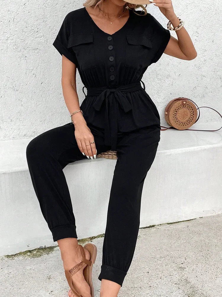 Barboteuse Noire Décontractée à Ceinture